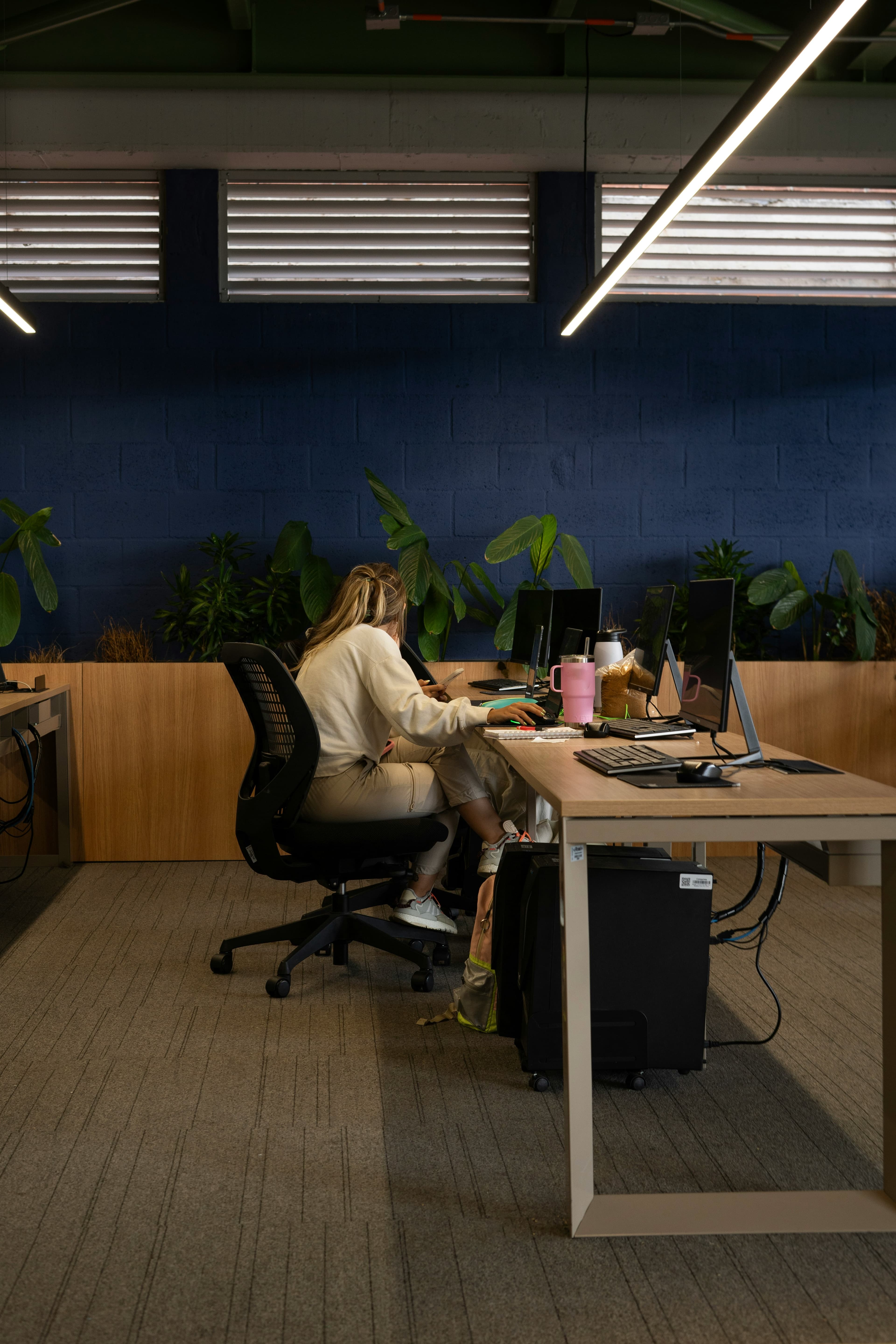 Image of a person sitting in at a computer desk in an office.